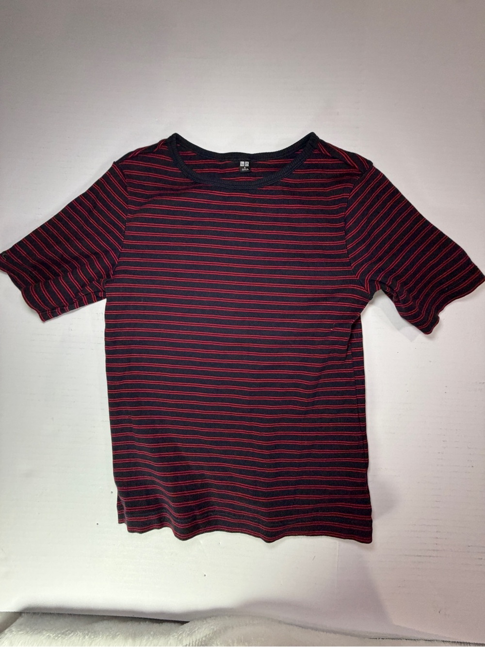 Uniqlo navy Tee with Thin Red Stripes